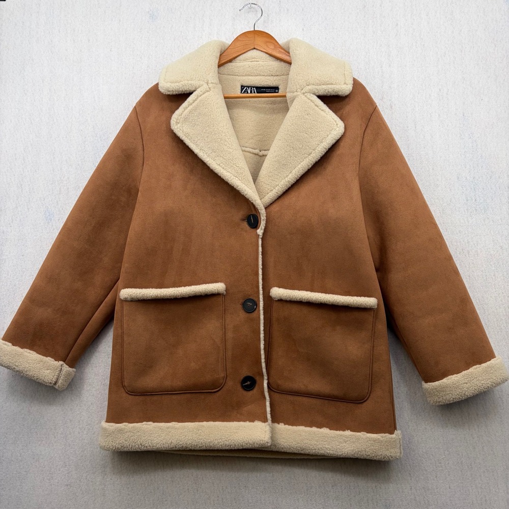 Zara Faux Suede Shearling Coat Tan Brown Button Front Jacket XS 6318/257/751